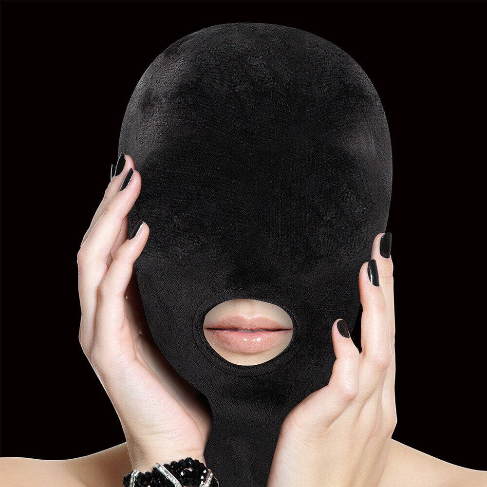 Black velvet mask with mouth opening from Shots Toys, featuring soft fabric and sleek design for comfortable wear.