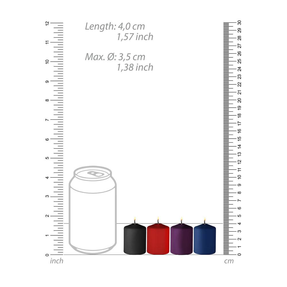 Shots Toys Ouch 4-pack of scented candles in various vibrant colors and designs, arranged for display.