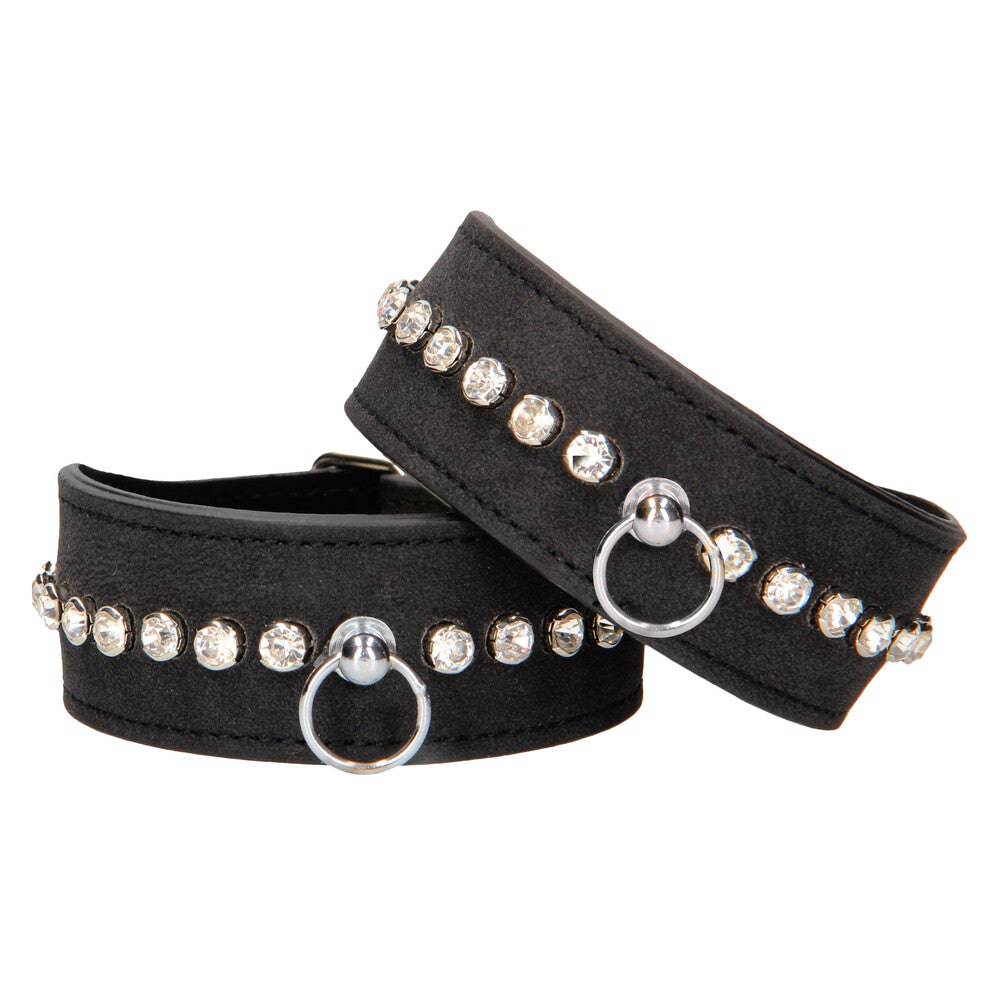 Shots Toys ankle cuffs adorned with diamond studs, featuring a sleek black design for stylish restraint.