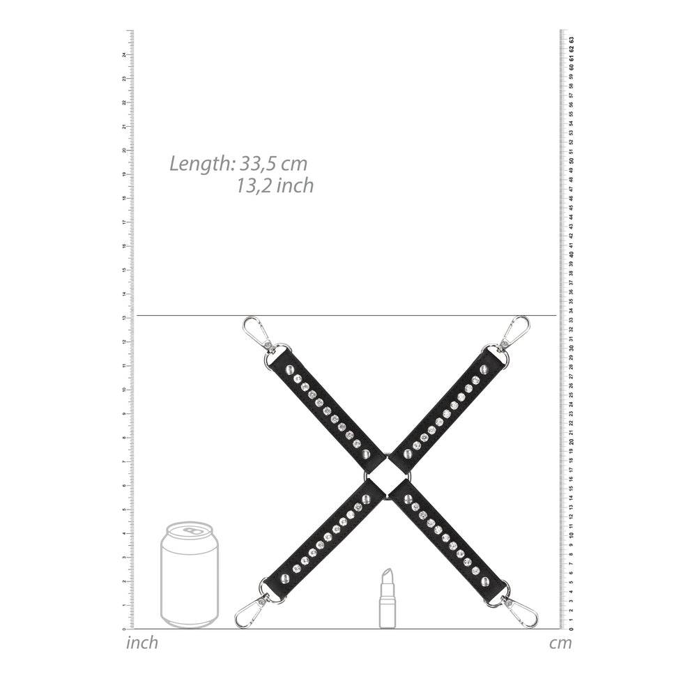 Shots Toys Ouch diamantbesatt hogtie connector in black, featuring four attachment points for versatile restraint play.