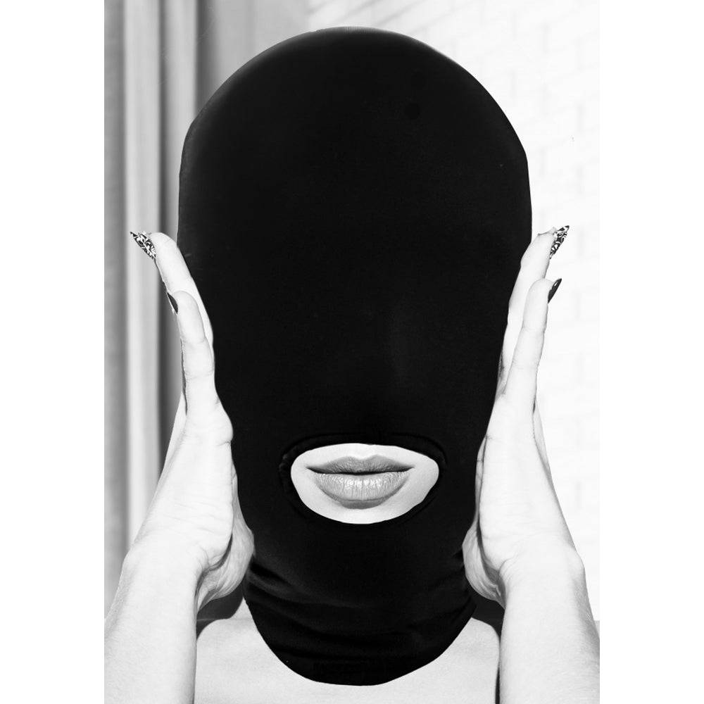 Shots Toys Ouch Submission Mask with open mouth design, featuring a sleek black finish and adjustable straps.