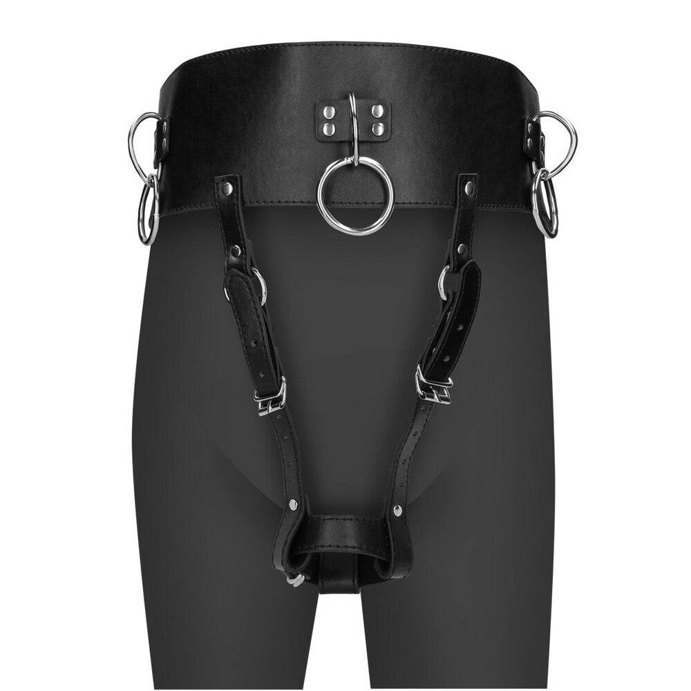 Black Ouch Belt with vibrator holder by Shots Toys, featuring adjustable straps and a sleek design for comfort.