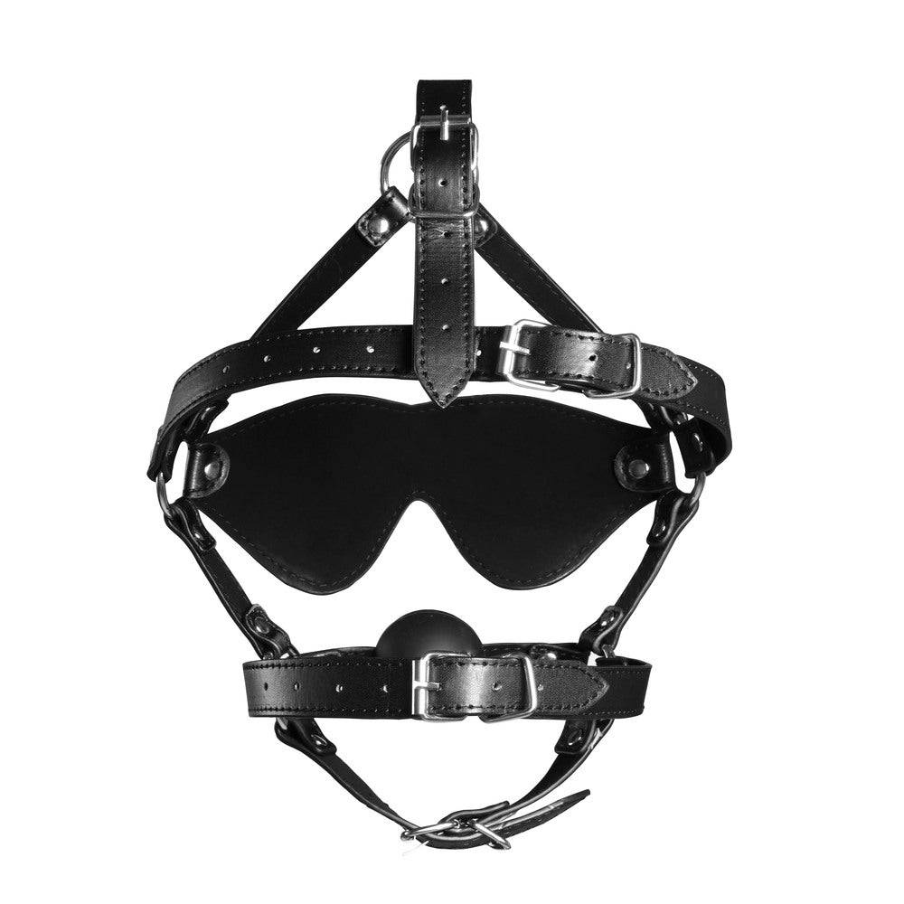 Shots Toys Ouch Xtreme Harness featuring an eye mask and sturdy ball gag in black, designed for sensory play.