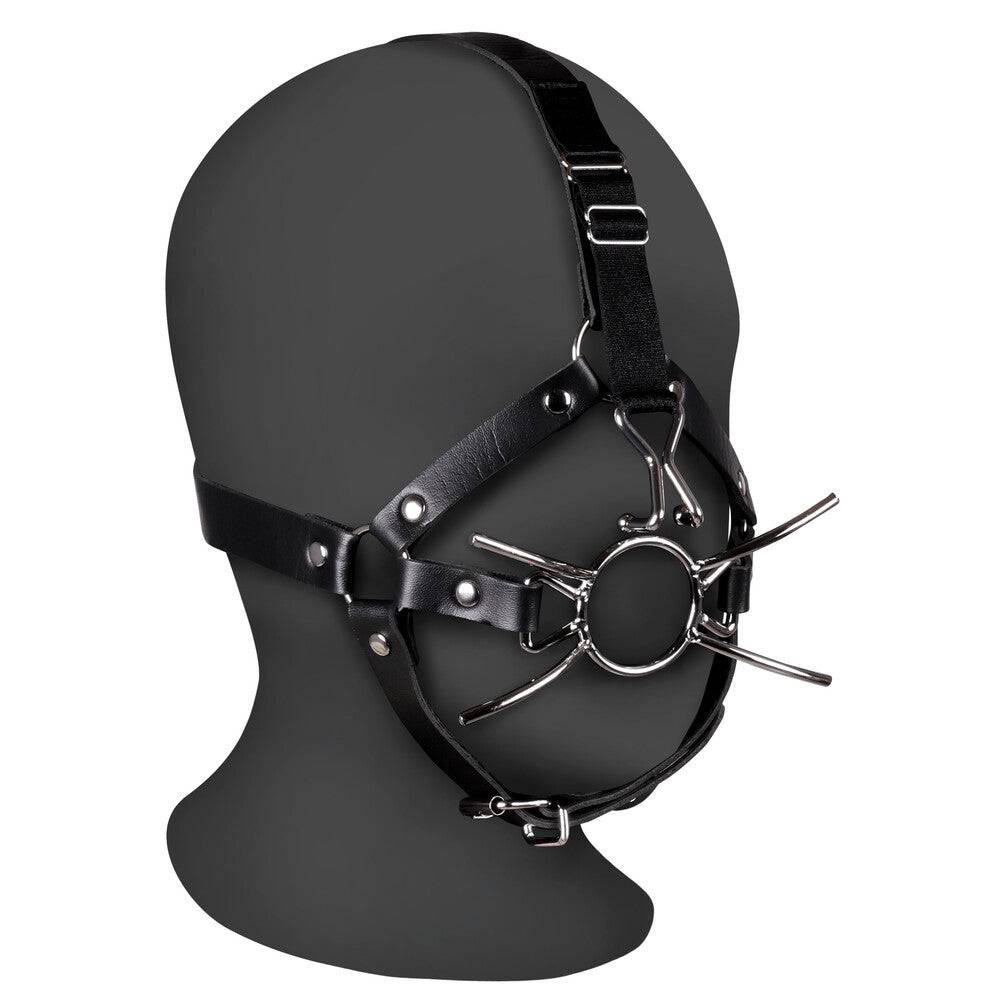 Ouch Xtreme Head Harness with spider mask and nose hooks from Shots Toys, featuring a black adjustable design.
