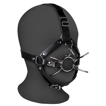 Ouch Xtreme Head Harness with spider mask and nose hooks from Shots Toys, featuring a black adjustable design.