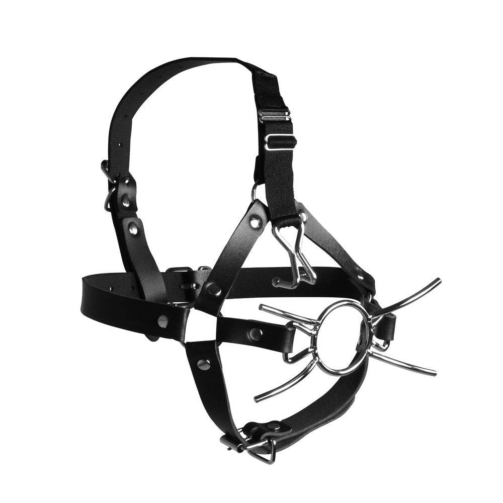 Ouch Xtreme Head Harness with spider mask and nose hooks from Shots Toys, featuring a black adjustable design.
