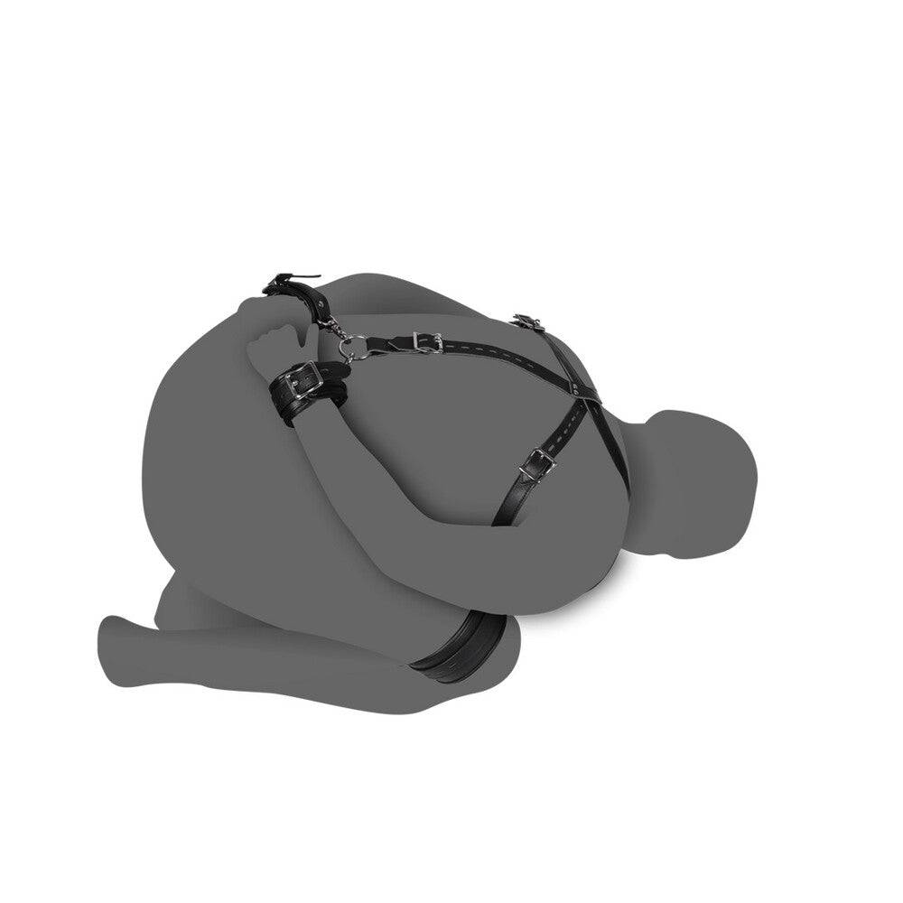Shots Toys body harness with thigh and hand cuffs in black, featuring adjustable straps and durable metal hardware.