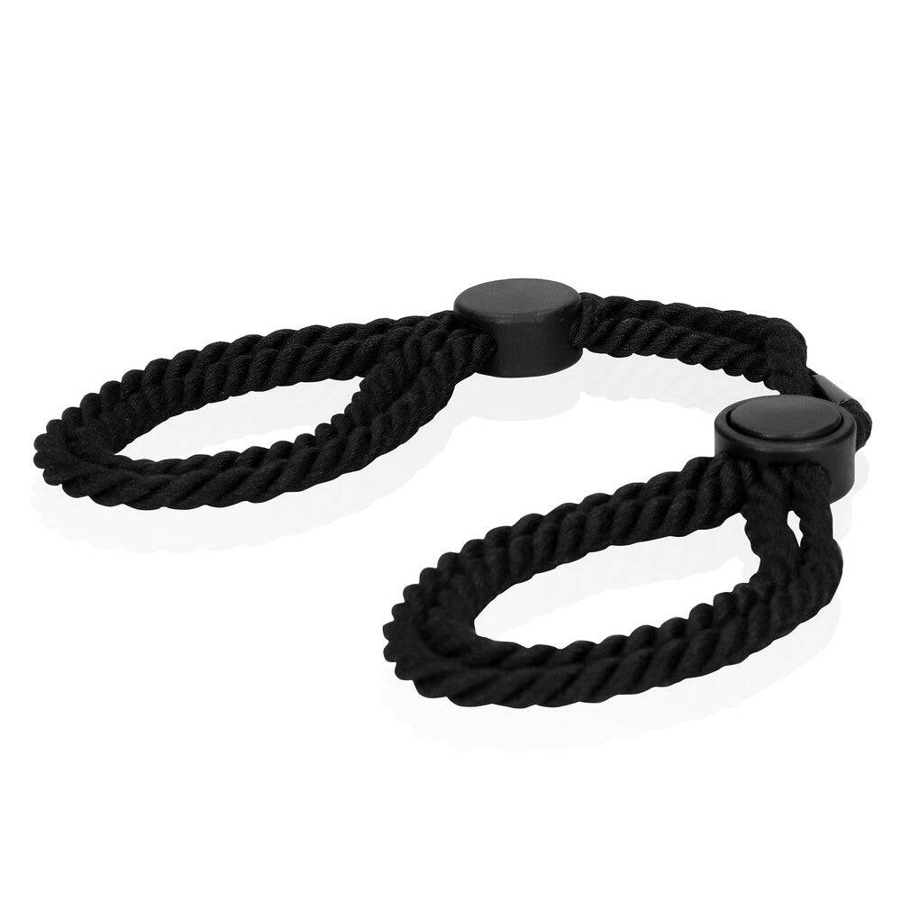 Shots Toys Ouch adjustable rope handcuffs in black, featuring a sturdy design and soft texture for comfort.