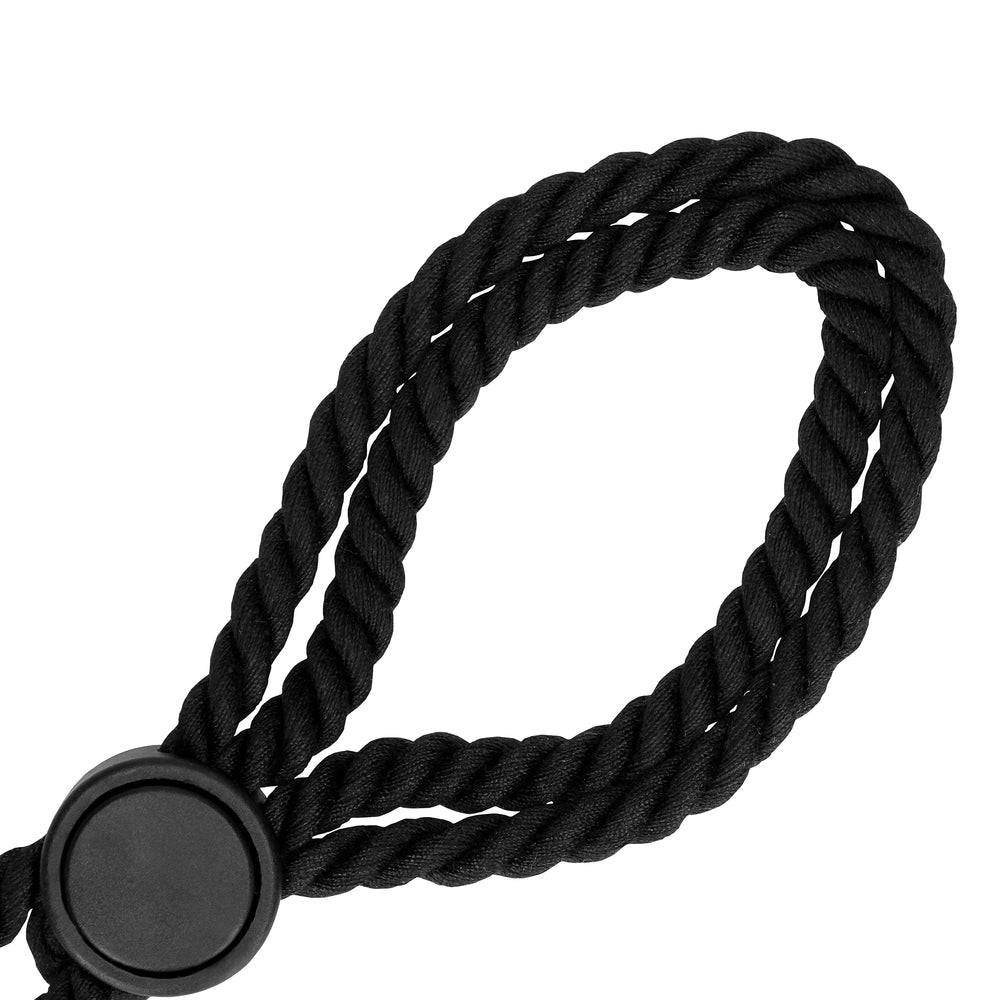 Shots Toys Ouch adjustable rope handcuffs in black, featuring a sturdy design and soft texture for comfort.