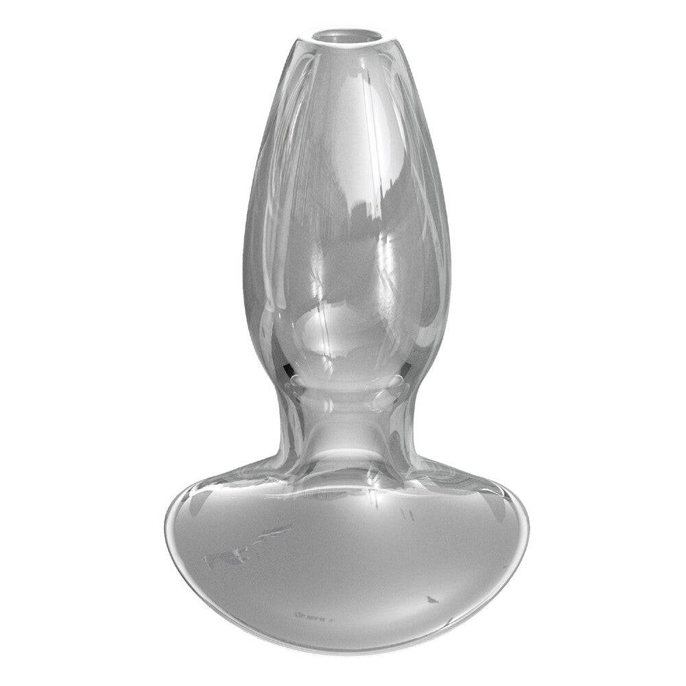 Clear glass anal gaper from PipeDream designed for beginners, showcasing smooth curves and a tapered tip for comfort.