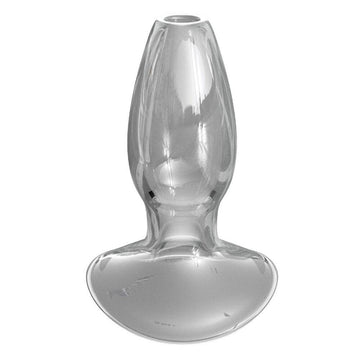 Clear glass anal gaper from PipeDream designed for beginners, showcasing smooth curves and a tapered tip for comfort.