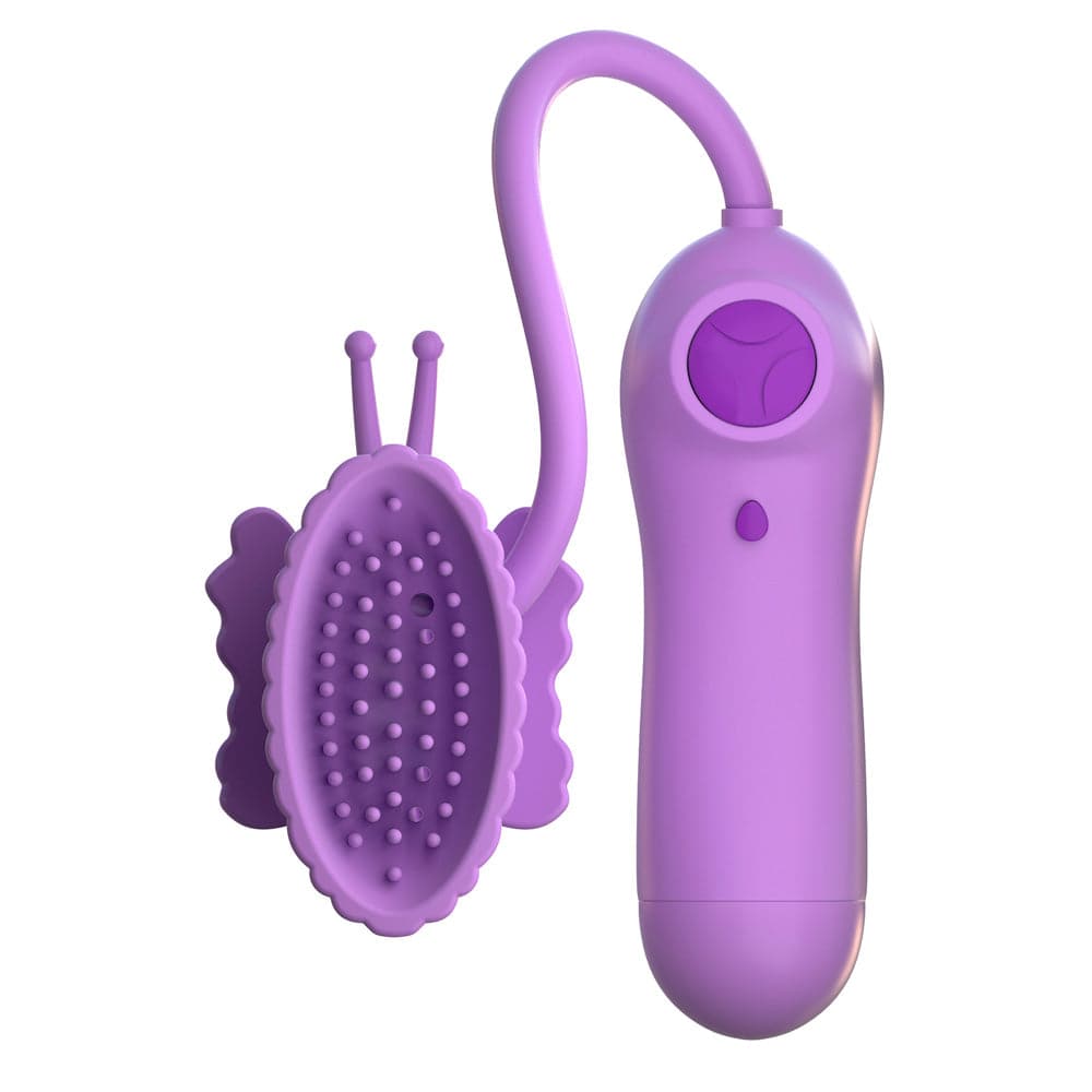 Pipedream Fantasi för henne Butterfly FluttHer, a vibrant butterfly-shaped massager in pink and purple tones.