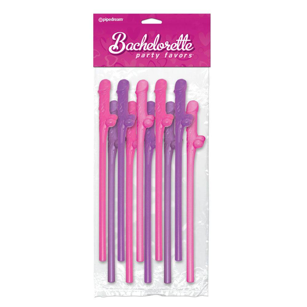 Pink and purple penis-shaped straws in a pack of 10 by PipeDream for bachelorette party celebrations.