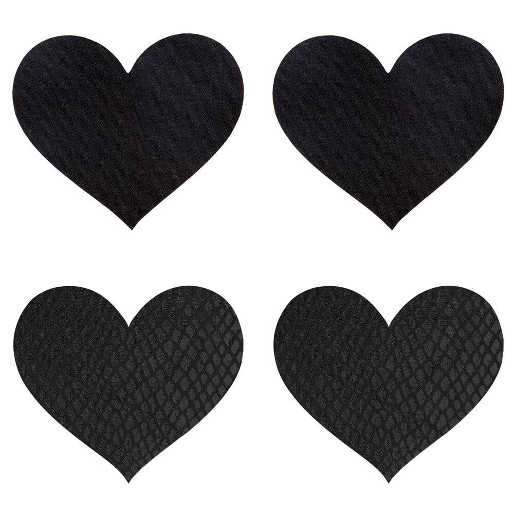 Black heart-shaped Peekaboos pasties on a soft surface, featuring a smooth finish and elegant design.