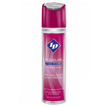 ID Lube Pleasure 8.5 oz lubricant bottle with sleek design and easy-to-use flip cap, perfect for intimate moments.