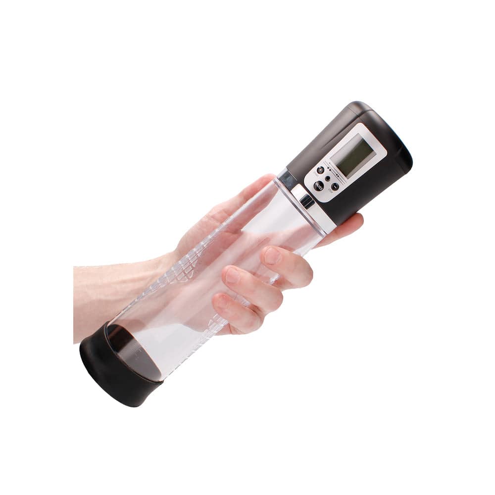 Shots Toys premium rechargeable automatic LCD penis pump with sleek design and user-friendly controls.