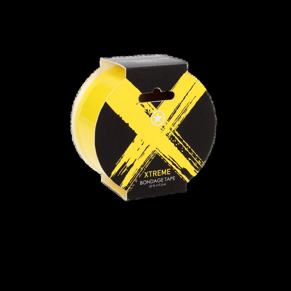 Ouch Xtreme Bondage Tape in vibrant yellow, 57FT roll, showcasing smooth texture and flexibility for various bondage styles.
