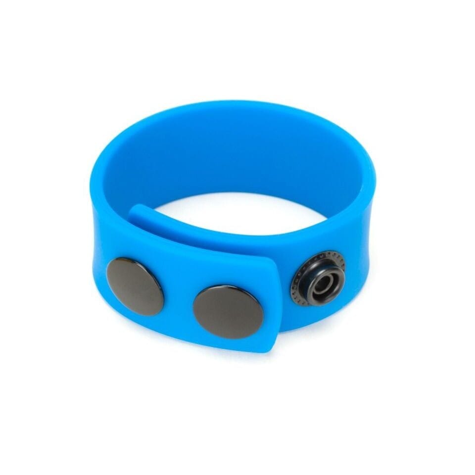 Prowler red silicone adjustable cock strap with blue accents, showcasing flexibility and comfort in a modern design.