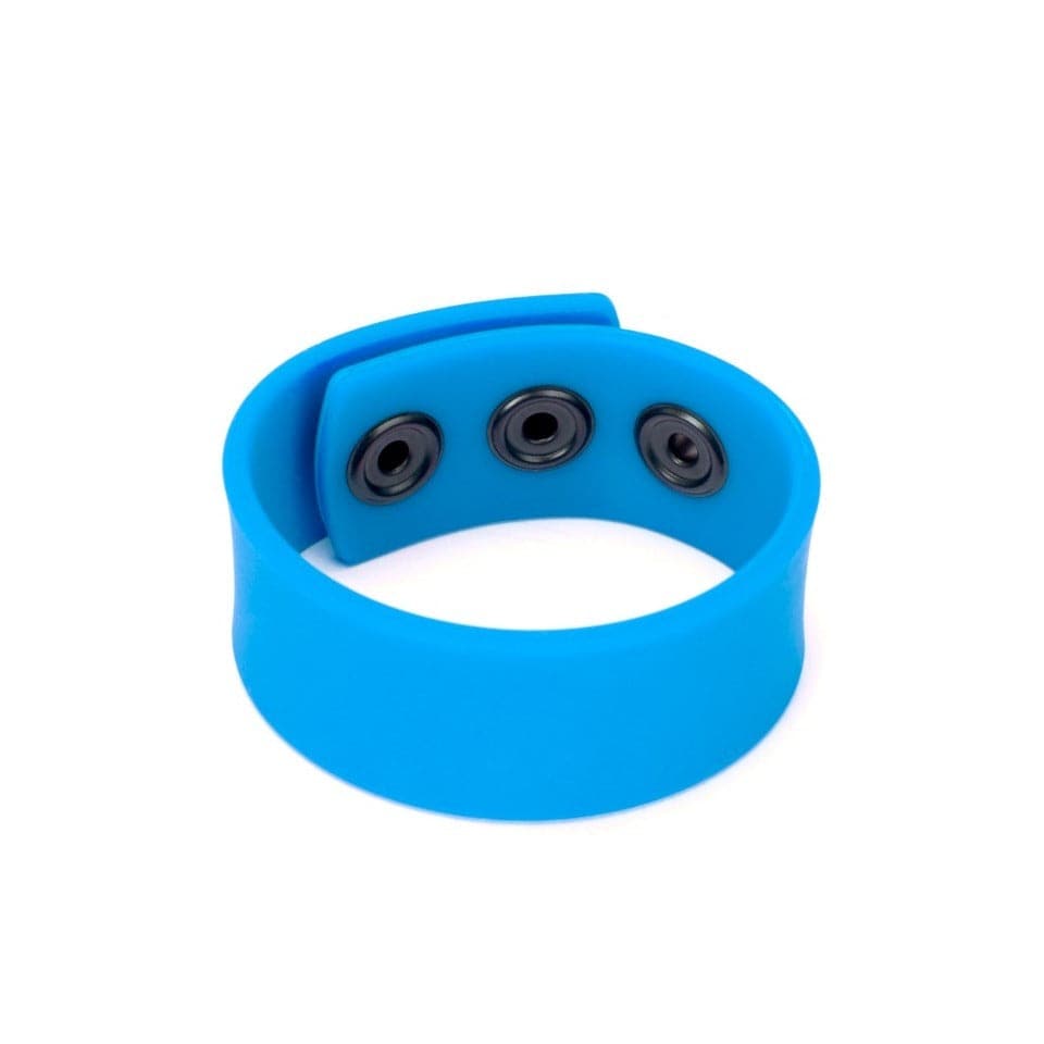 Prowler red silicone adjustable cock strap in blue, showcasing its smooth texture and adjustable design.