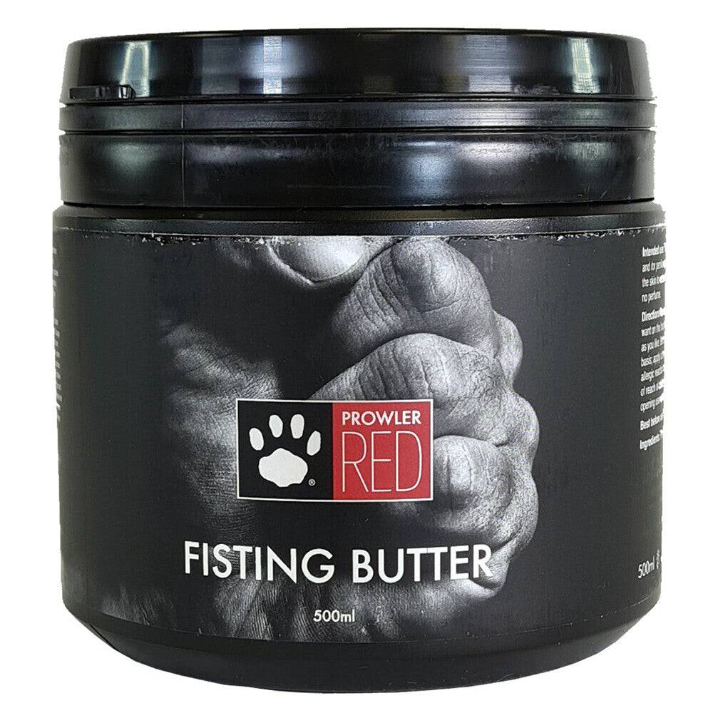 Prowler Red Fisting Butter 500 ml jar with a vibrant red label and smooth, creamy texture shown against a neutral background.