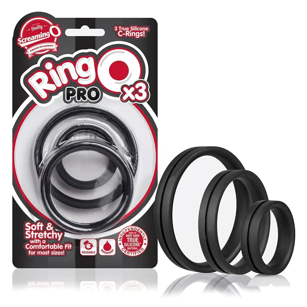 Screaming O RingO Pro X3 black cock rings displayed on a white background, emphasizing their sleek design and flexibility.