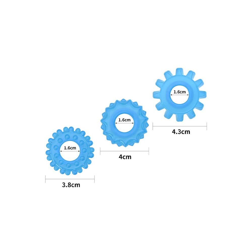 Three Lovetoy glow-in-the-dark Lumino Play cock rings displayed together, showcasing their vibrant colors and flexible design.