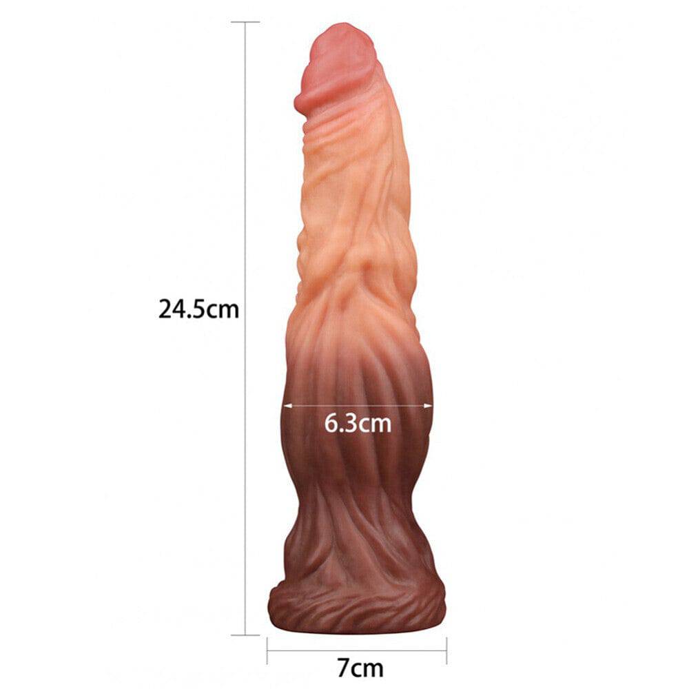 Lovetoy 9.5-inch double-layer silicone dildo in brown, showcasing realistic texture and design for enhanced pleasure.