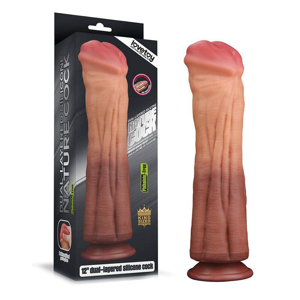 Lovetoy 12-inch double-layer silicone horse dildo with realistic details and textured surface.