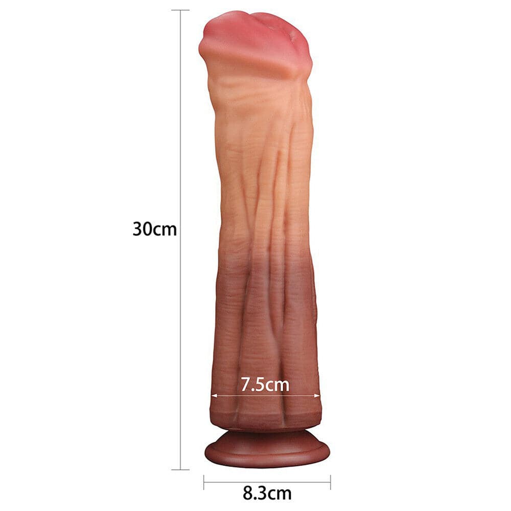 Lovetoy 12-inch double-layer silicone horse dildo with realistic details and textured surface.
