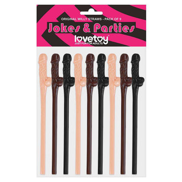Lovetoy pack of 9 Willy straws in black, brown, and pink, displayed together on a light background.