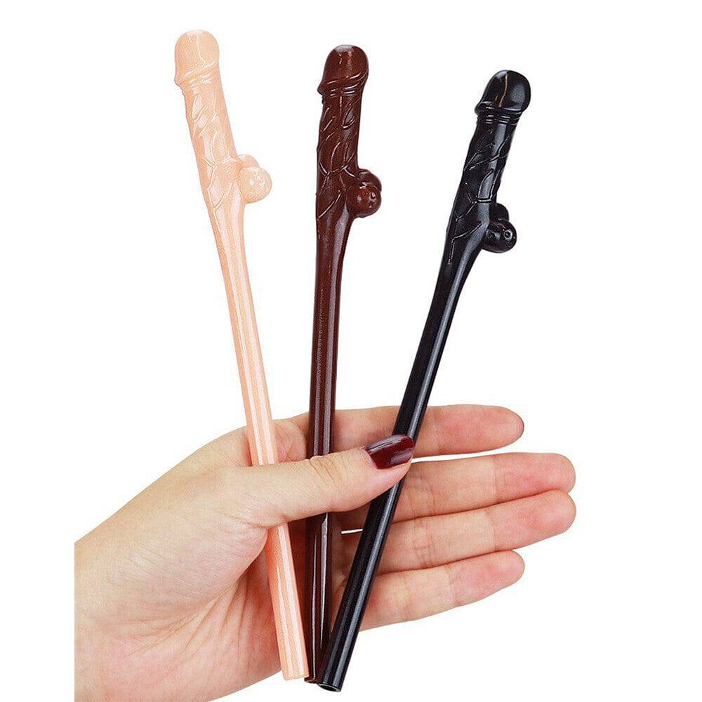 Lovetoy pack of 9 Willy straws in black, brown, and pink, showcasing fun designs for playful use.