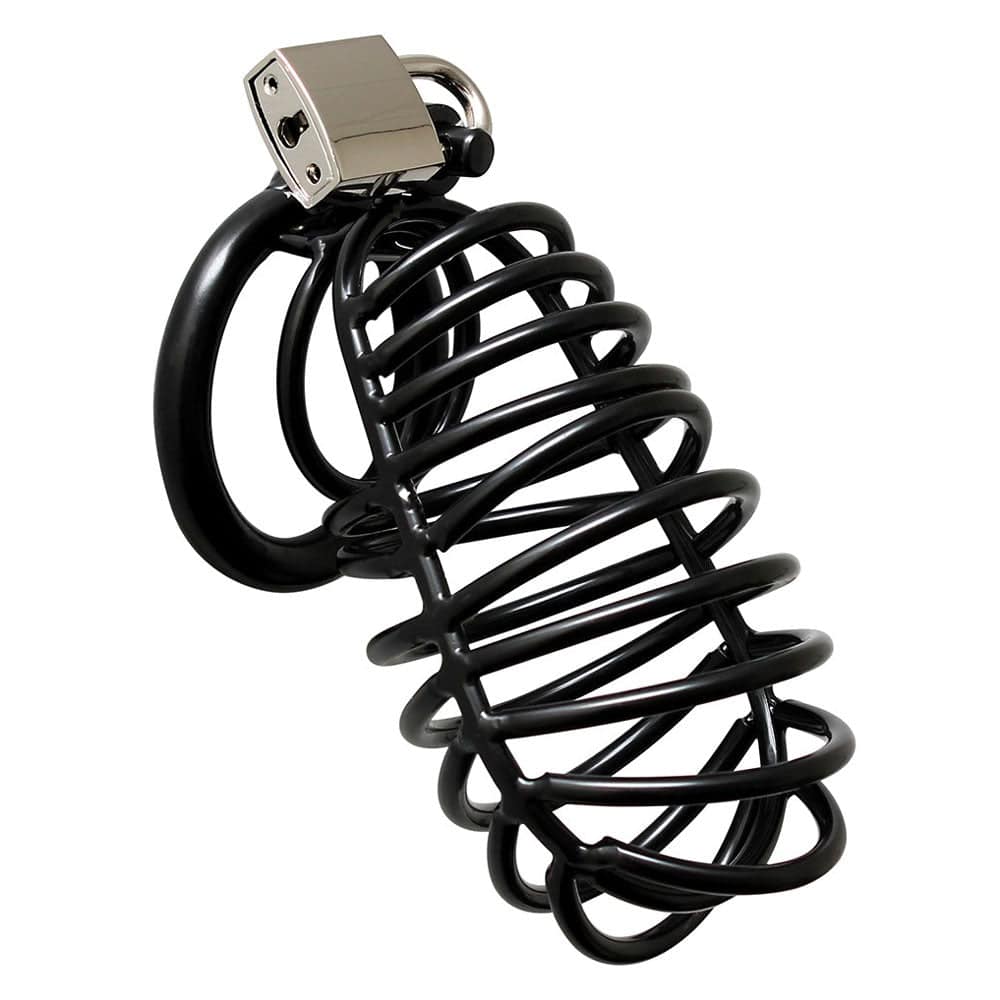 Rimba black metal male chastity device with lock, showcasing sleek design and durable materials.