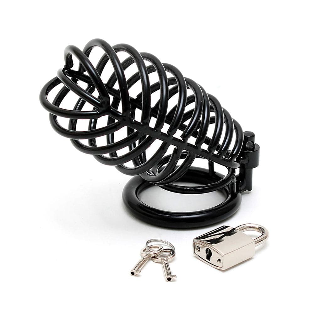 Rimba black metal male chastity device with lock, showcasing sleek design and durable materials.