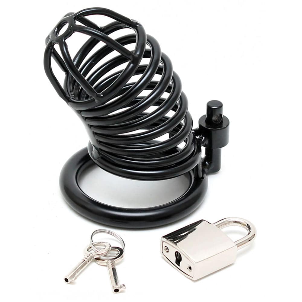 Rimba metal male chastity device with padlock, featuring a sleek design and secure locking mechanism.