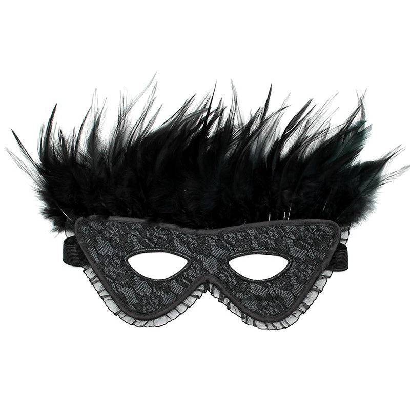 Rimba satin look feather mask in elegant black, featuring intricate feather detailing and a comfortable fit.