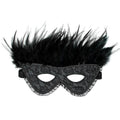 Rimba satin look feather mask in elegant black, featuring intricate feather detailing and a comfortable fit.
