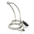 Rimba curved chastity device with urethral tube, designed for secure fit and comfort in a sleek, metallic finish.