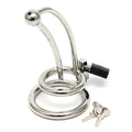 Rimba chastity device with curved design and urethral tube, showcasing detailed locking mechanism and sleek finish.