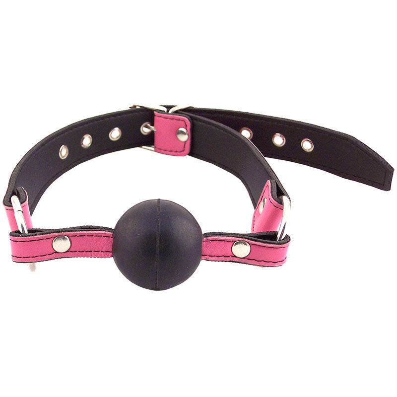 Rouge Garments pink ball gag with adjustable straps and soft finish, designed for comfortable wear in bondage play.
