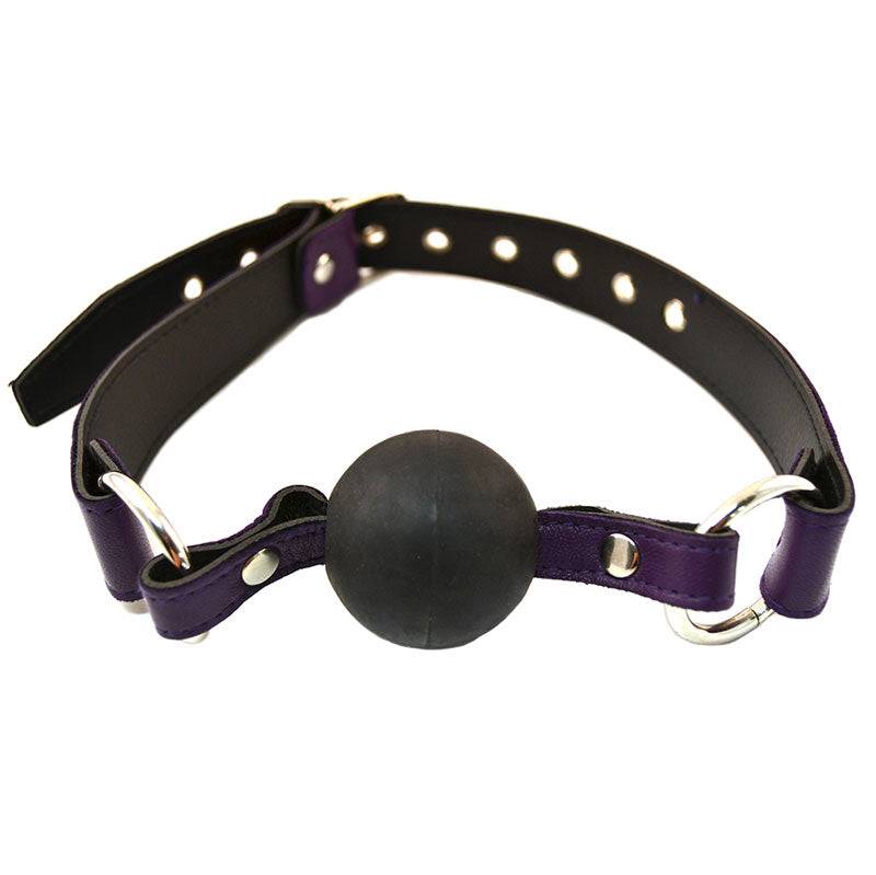Rouge Garments Lila ball gag in purple with adjustable straps, featuring a smooth silicone design for comfort and style.