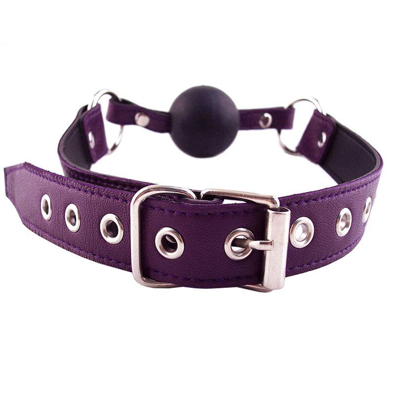 Rouge Garments Lila ball gag in purple with adjustable straps, featuring a smooth silicone design for comfort and style.