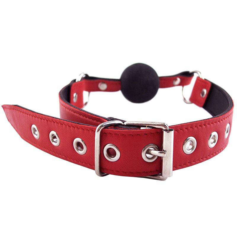 Red ball gag by Rouge Garments, featuring a soft silicone ball and adjustable straps for comfort and fit.