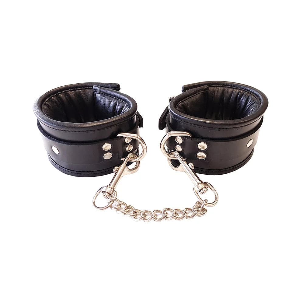 Rouge Garments padded black handled cuffs, showcasing a sleek design and durable material for stylish wear.