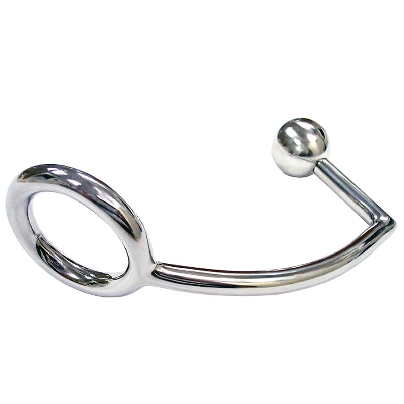 Rouge Garments stainless steel cockring with anal probe, showcasing a sleek design and polished finish.