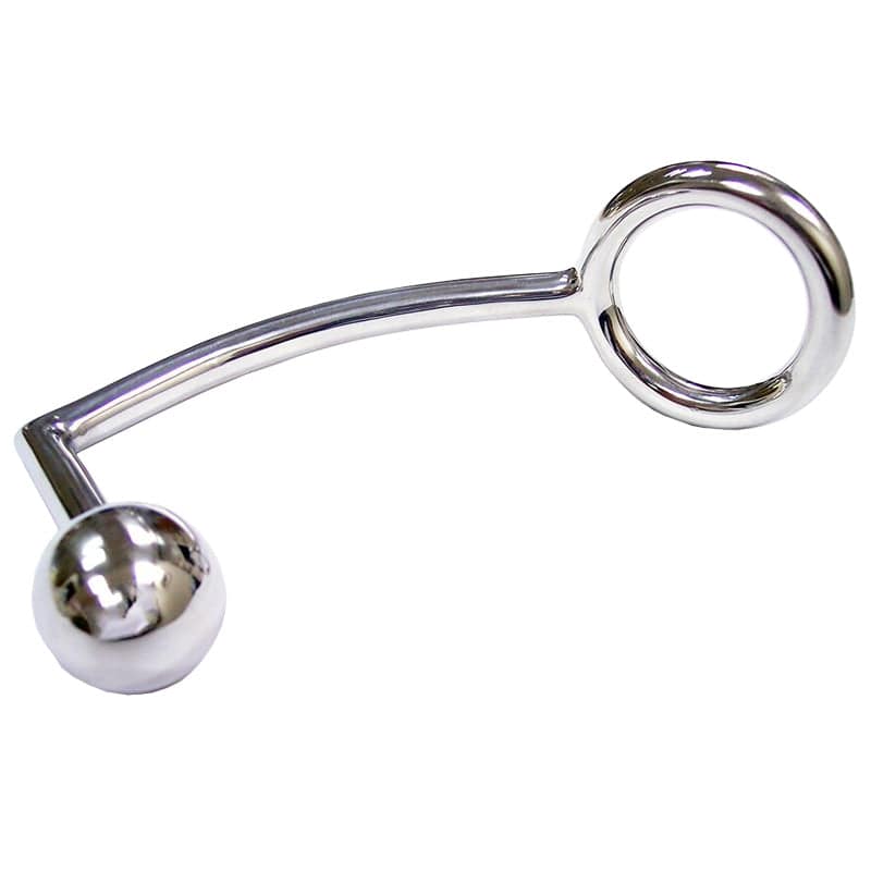 Rouge Garments stainless steel cockring with anal probe, showcasing a sleek design and polished finish.