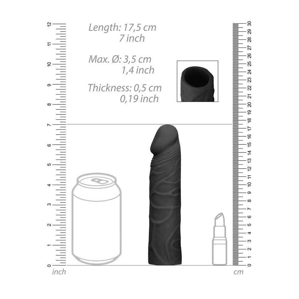 RealRock 7-inch black silicone penis sleeve by Shots Toys, showcasing realistic texture and flexible design.