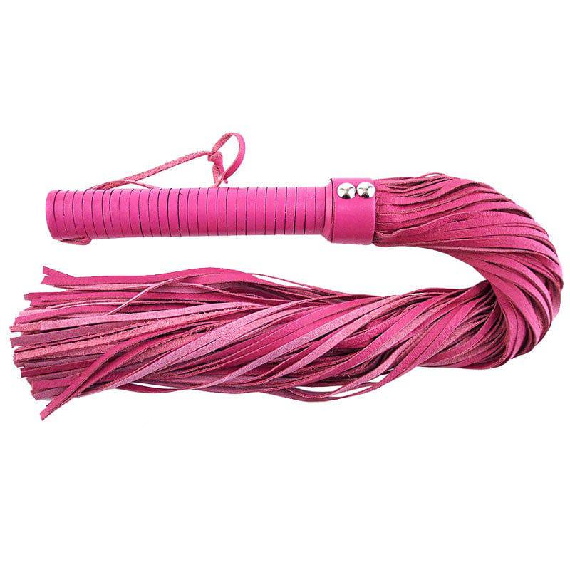 Rouge Garments pink leather flogger with multiple strands and a comfortable handle for a stylish look.