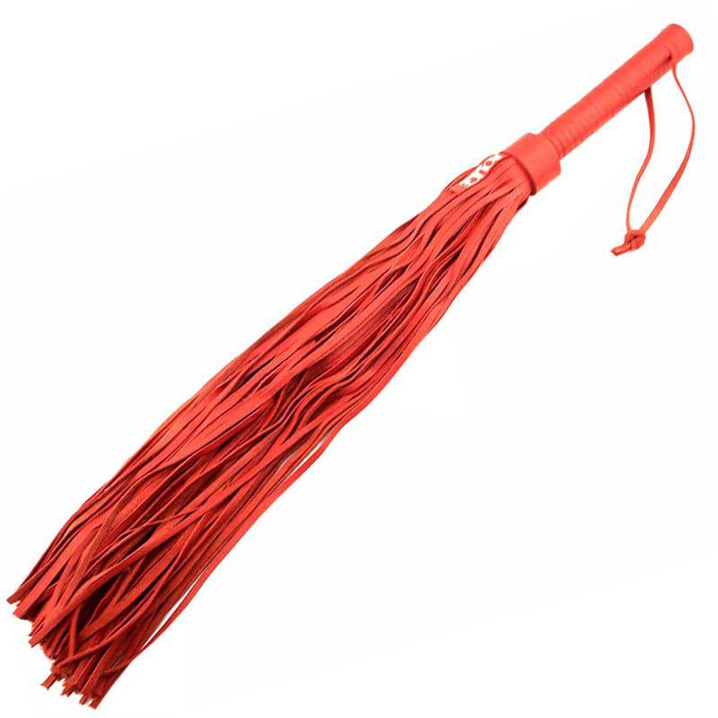 Rouge Garments red leather flogger with braided details and sturdy handle, perfect for BDSM play.