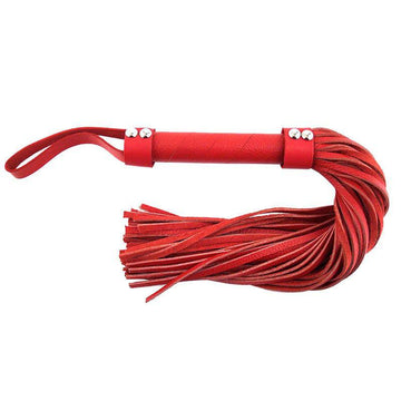 Rouge Garments red leather flogger with long strands and a sturdy handle, designed for impact play.