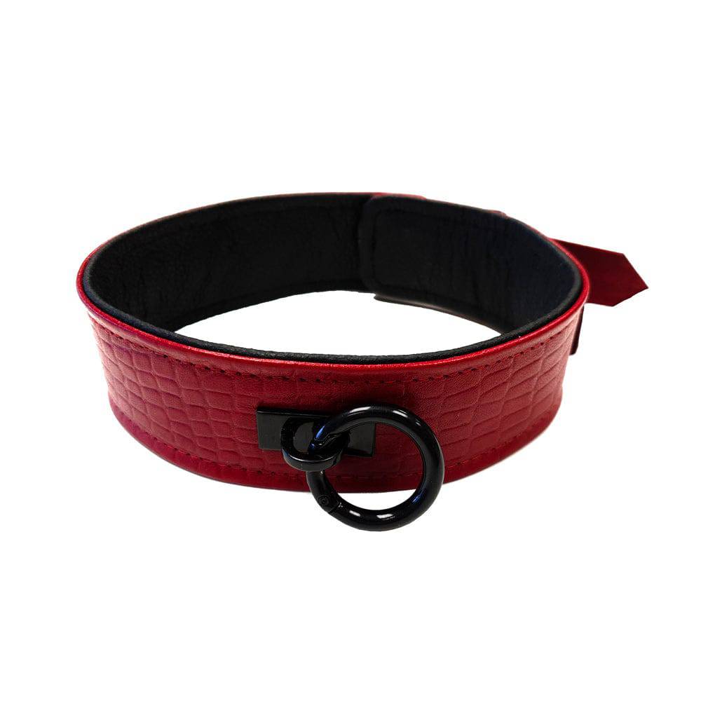 Rouge Garments leather collar with crocodile print, showcasing intricate texture and stylish design.